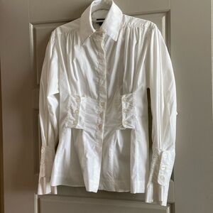 Karl Lagerfeld white long sleeve designer top with 3 button sleeves, like new